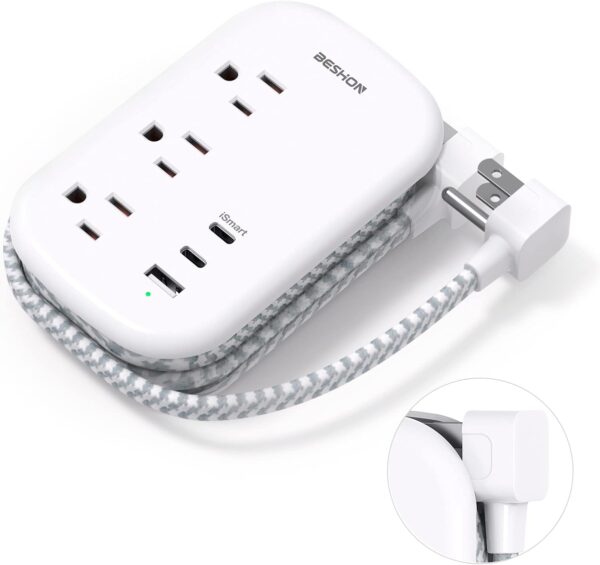 61chHJJsm3L. AC SL1500 BESHON Flat Plug Power Strip, 3 Outlets with 3 USB Ports(2 USB C), Ultra Flat 3.2ft Wrapped Around Extension Cord for Cruise Ship, Travel, Dorm Room Essentials