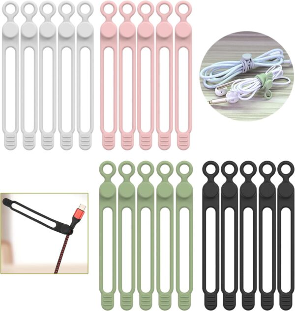 [20Park]UMUST Silicone Cable Ties,Reusable Cable Management Organizer, Multipurpose Elastic Cord Organizer for Bundling and Fastening Cable Cords Wires(black,white,pink,green)