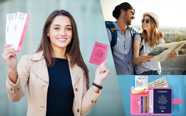 71UbJicEMNL. AC SL1500 Passport Holder Cover Wallet RFID Blocking Leather Card Case Travel Accessories for Women Men (Pink)