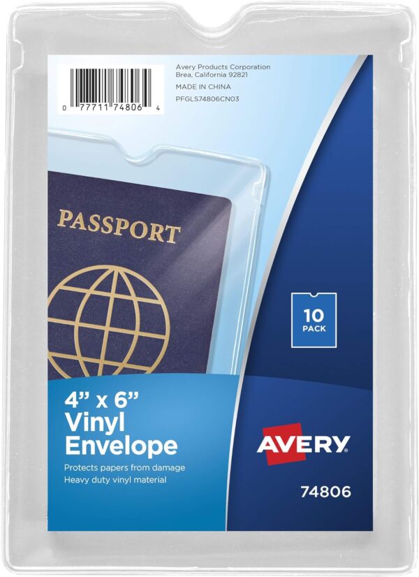 Avery File Envelopes, 4" x 6" Passport Holder, Holds up to 30 Sheets, 10 Clear Vinyl Envelopes (74806)